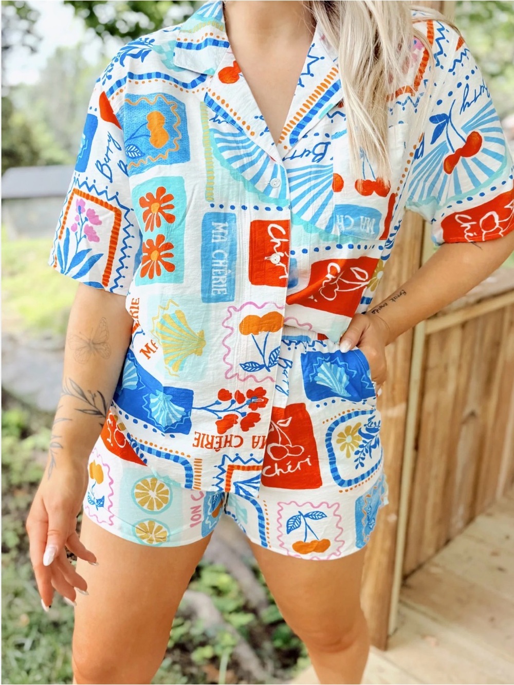 A635. Ma Chérie Postcard Summer Lounge Button Down Shirt & Short Set - Picture 4 of 4